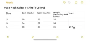 Detailed size chart for slim fit halter neck T-shirt including bust and length specs