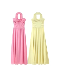 Elegantes trägerloses Halfter-Maxikleid in Rosa und Gelb mit stilvollen Schärpen
