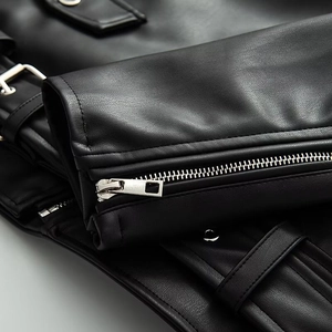 Close-up of sleeve cuffs with silver metal zippers and textured faux leather on motorcycle jacket