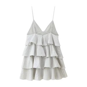 Silver sequin mini dress with tiered ruffles and metallic finish for party wear