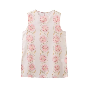 Women's pink sleeveless round neck mini dress with vertical floral prints on white background