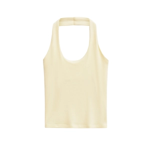 Detail of light yellow halter-neck tank top showing textured ribbed fabric and U-shaped neckline
