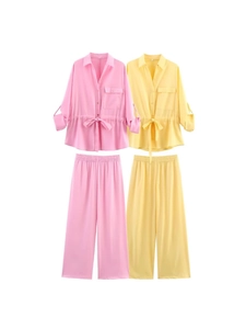 Women Casual Solid Color V Neck Long Sleeve Button Shirt And Wide Leg Pants Elegant Drawstring Waist Streetwear Outfit