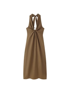 Robe Maxi Dos Nu Halter Femme Sexy Sans Manches Couleur Unie Plissé Élégant Été Plage Soirée Robe Longue