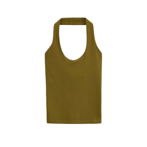 Detail of olive green ribbed knit halter top featuring a deep U-neckline and slim texture