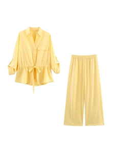 Women's 2-piece light yellow linen set with long sleeve drawstring shirt and wide leg pants