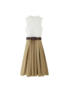 Women Sleeveless Round Neck Patchwork Dress With Belt White Khaki Pleated Maxi Dress Summer Casual Office Party Streetwear