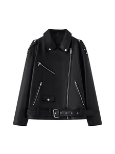 Women Casual Faux PU Leather Biker Jacket Streetwear Loose Fit Turn-down Collar Zipper Moto Coat With Belt Black Fashion Outerwear