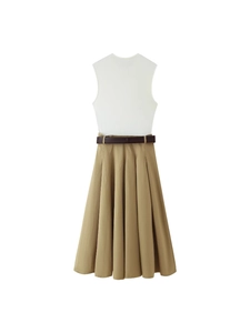 Elegant sleeveless white top with khaki pleated skirt and belt for 2025 summer
