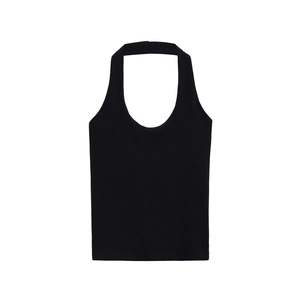Detailed view of black halter neck top featuring ribbed cotton fabric and U-neck design
