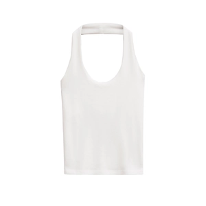 Close-up detail of white halter neck slim fit knit tank top with premium smooth texture