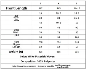 Tableau des tailles pour robe longue sans manches en dentelle avec mesures et tissu polyester