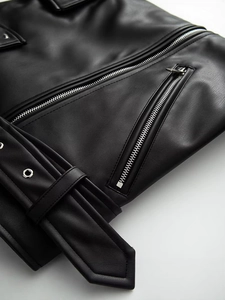 Street style faux leather biker jacket with silver zipper and buckle belt details