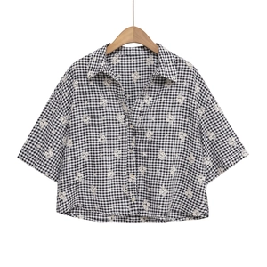 Femme Chemise Et Pantalon Vichy Brodé Floral Manches Courtes Boutonné Ourlet Festonné Décontracté