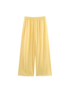 Women's pale yellow wide-leg trousers with elastic waist and high-quality silky drape