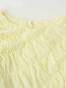 Pale yellow pleated chiffon dress with mesh patchwork and lantern sleeves for women
