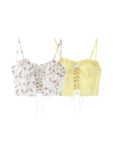 Women Sexy Backless Lace Up Corset Top Floral Spaghetti Strap Ruffle Trim Slim Fit Camisole Sleeveless Summer Crop Top