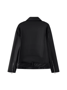 Women's black faux leather motorcycle jacket with back view, waist belt and zip cuffs