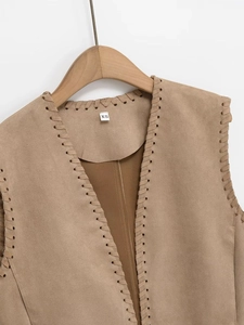 Vintage camel faux suede vest with contrast braided stitching on hanger, size XS