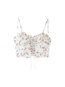 Floral corset crop top with lace-up front and delicate ruffle trim in cream white