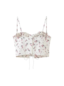 Summer backless floral crop top with spaghetti straps and self-tie back detail