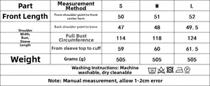 Size chart with measurements for the quilted denim jacket showing length and sleeve details