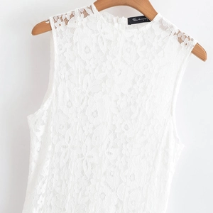 Élégante robe trapèze sans manches en dentelle florale blanche avec col rond et zip