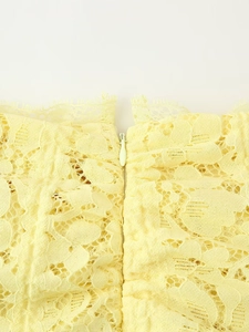 Off-shoulder yellow lace dress featuring exquisite floral texture and invisible zipper