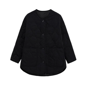 Detail of black quilted jacket with gourd pattern stitching and front button closure