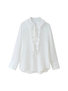 Women Elegant Polyester Chiffon Blouse Layered Ruffle Tie Neck Long Sleeve Shirt Casual Solid Color Streetwear Summer Tops