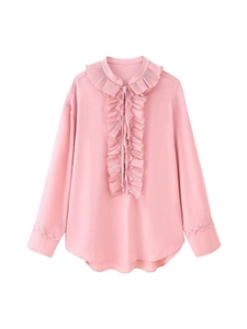 Elegant pink ruffled long sleeve shirt with lace-up front and pleated details