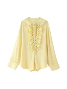 Light yellow long sleeve ruffle blouse with tiered V-neck and hollow lace cuffs