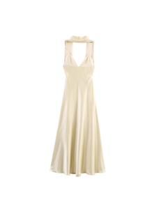 Damen Sexy Neckholder Rückenfrei Satin Maxi Kleid Elegant Tiefer V-Ausschnitt Slim Ärmellos Seidentextur Party Abend Langes Kleid