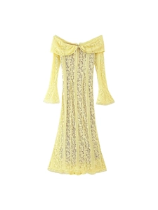 Off Shoulder Lace Maxi Dress For Women Bell Sleeve Bow Tie Backless Floral Crochet Gown Elegant Party Vacation Light Yellow