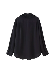 Back view of a black long-sleeved pleated collar shirt with loose drop shoulder design