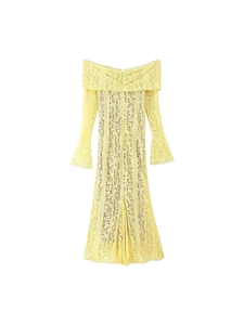 Elegant yellow lace maxi dress featuring an off-the-shoulder neckline and flared sleeves