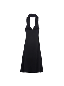 Elegantes schwarzes rückenfreies Neckholder-Midikleid aus Seide mit tiefem V-Ausschnitt