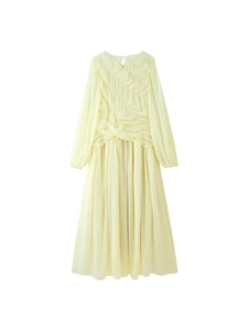 Elegant light yellow pleated maxi dress with lantern sleeves and mesh stitching detail