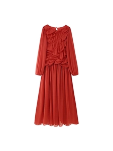 Elegant red long sleeve pleated dress with mesh patchwork and round neck design