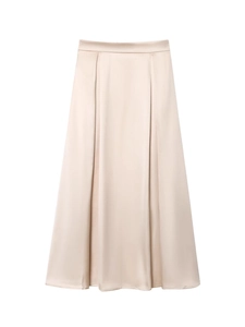 Jupe Midi Élégante en Satin à Taille Haute pour Femme Champagne Couleur Unie Fluide Ligne A Plissée Jupe Décontractée Soirée