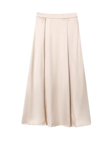 Jupe longue élégante en satin champagne à taille haute avec plis drapés et fini brillant