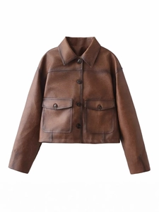 Giacca da Moto in Pelle PU Marrone Vintage da Donna Cappotto Crop Corto Revers Monopetto Manica Lunga Abbigliamento Esterno