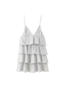 Robe Courte Sexy Argent Métallisé à Volants Col en V Bretelles Spaghetti Sans Manches Streetwear d'Été pour Femmes