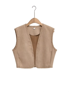 Women's Vintage Suede Vest Whipstitch Edges V-Neck Cropped Sleeveless Waistcoat Khaki Fashion Western Outerwear