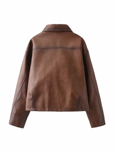 Giacca da moto vintage in ecopelle PU marrone scuro per donna con colletto a rever vista posteriore
