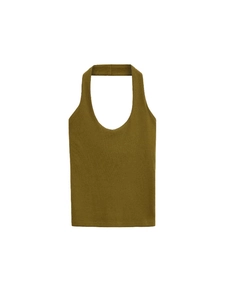 Olive green halter neck ribbed knit tank top for women in a minimalist summer style