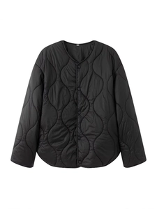 Women's black quilted crewneck jacket with onion stitching and snap buttons