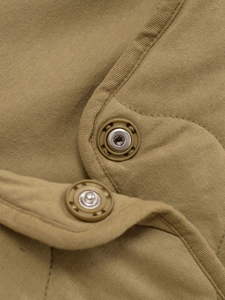 Détail de la veste matelassée kaki montrant les coutures fines et le bouton-pression