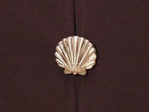 Macro shot of shell-shaped golden metal buttons on deep chocolate fabric texture