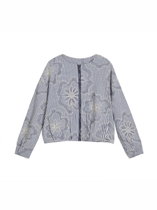 Women Striped Floral Embroidered Bomber Jacket Casual Round Neck Long Sleeve Zip Up Autumn Streetwear Chic Short Outerwear